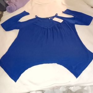 Miholl LG.  Blue Open Shoulder Long Sleeve Blouse
